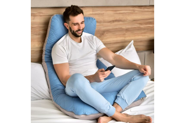 Подушка П-образная для сна и отдыха стеганная IDEIA 140х75х20 см, U-shape, с наволочкой на молнии, антиаллергенная, для беременных, для тела, для мужчин джинс/св.